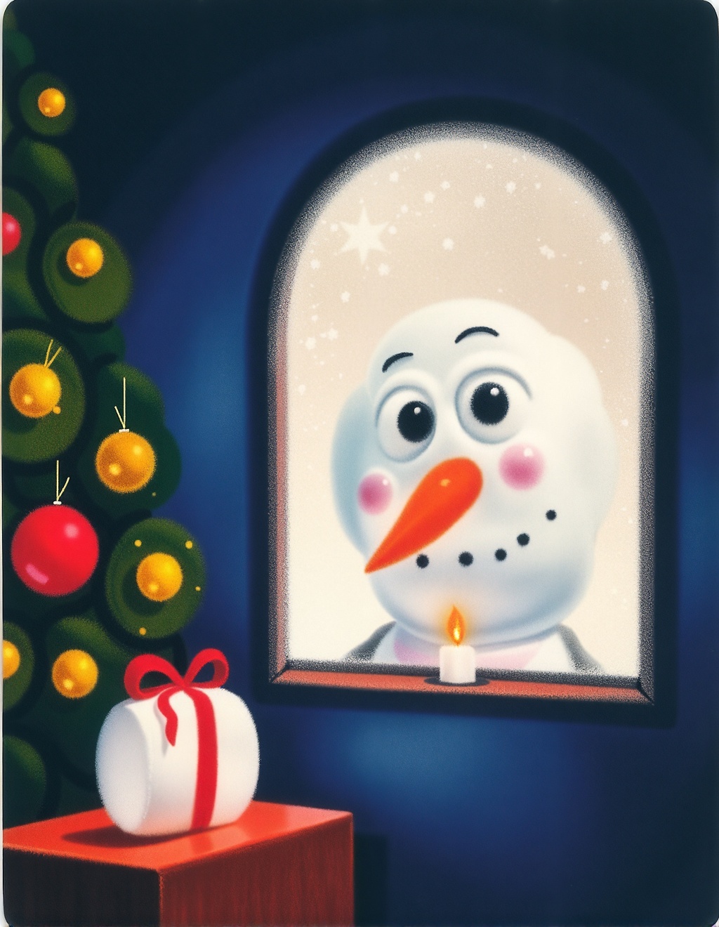 Dixit Card Style,  From inside a cozy room,  a snowman's face with coal eyes and a carrot nose peers through a frosted win...