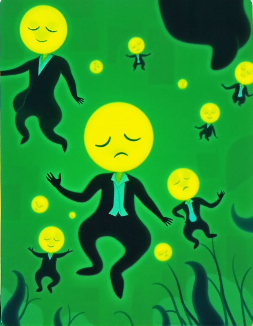 Dixit Card Style,  Floating in a surreal green-hued environment resembling a whimsical dreamscape are multiple round chara...