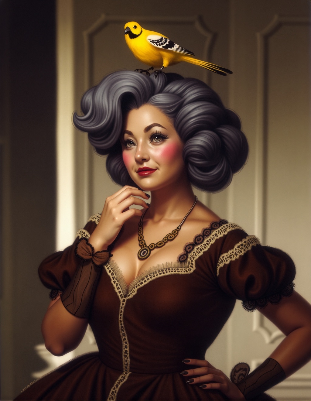 Dixit Card Style,  A woman with an elaborate gray bouffant hairstyle adorned with a small,  vibrant yellow bird perched at...