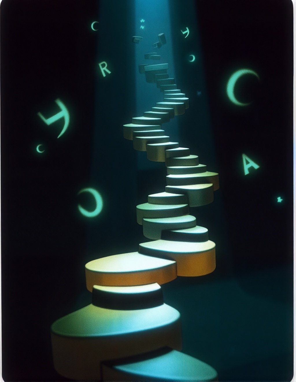 Dixit Card Style,  A dimly lit,  mysterious scene features a soft-glowing spiral staircase guiding upward into an ethereal...