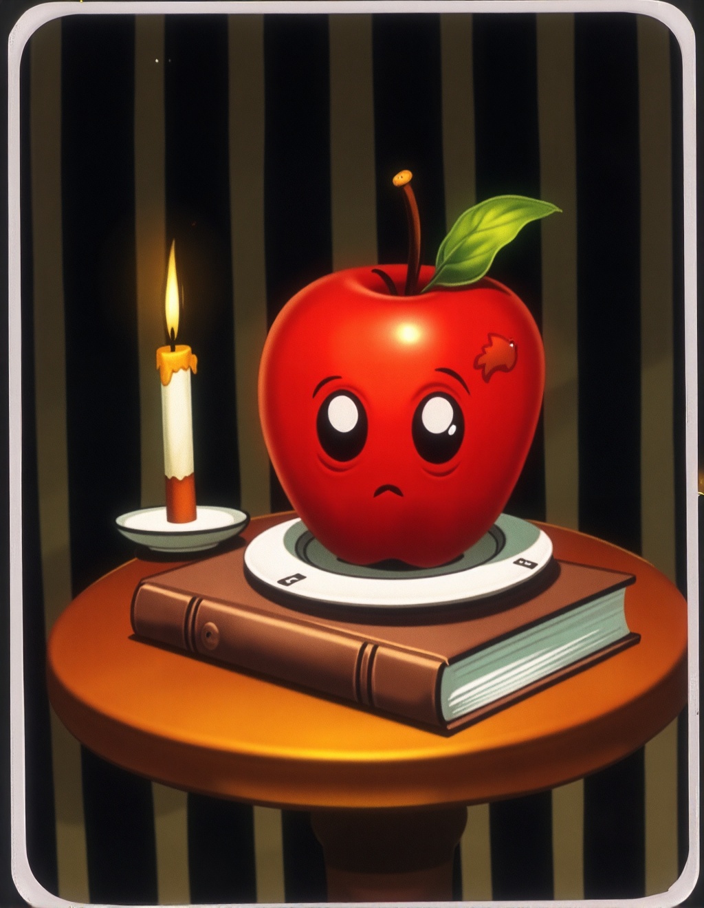 Dixit Card Style,  A plump red apple with a shy face and large eyes sits on a decorative white plate atop a sturdy closed...