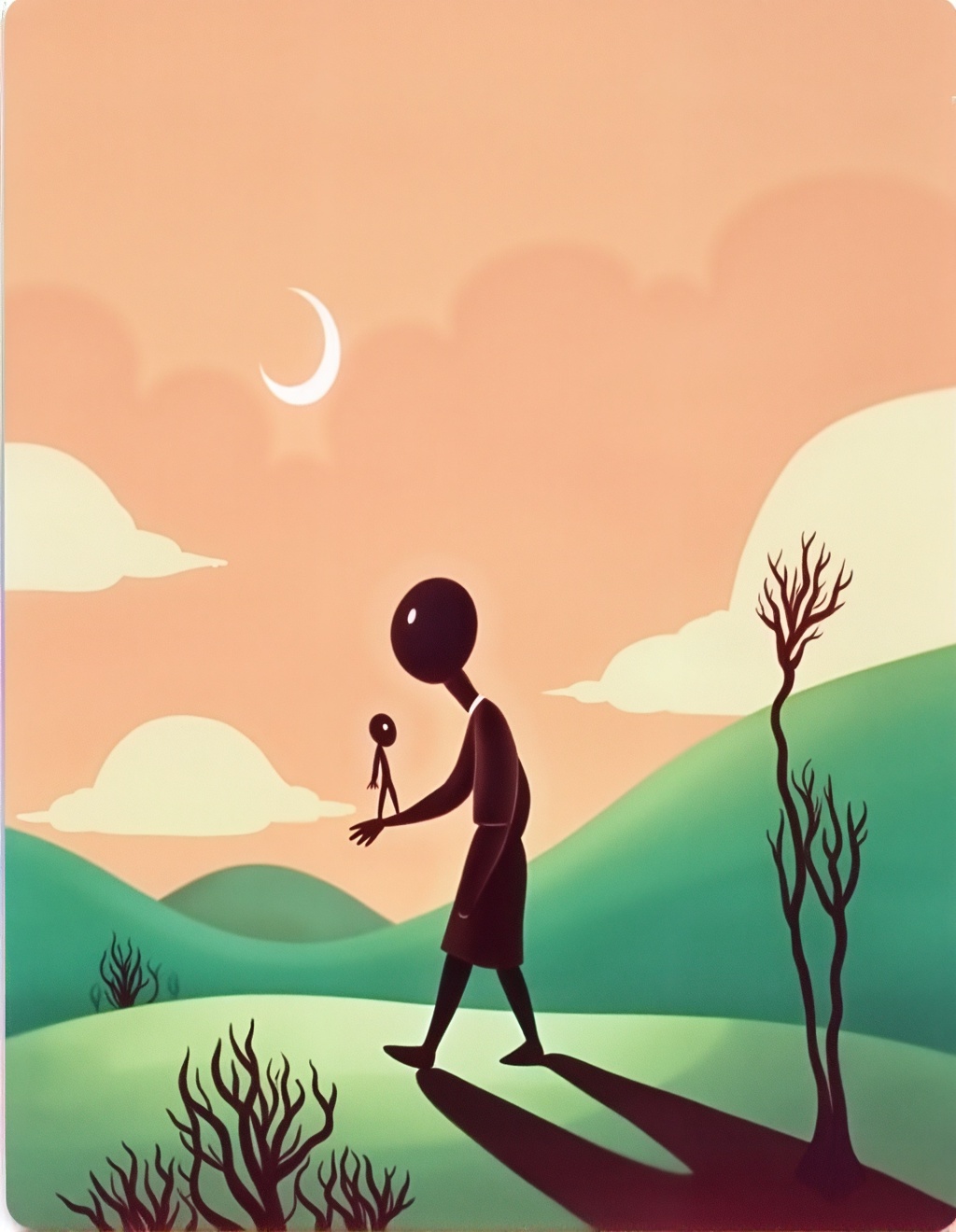 Dixit Card Style,  A tall,  thin figure with a bulbous head and minimalist features walks across a surreal landscape of so...