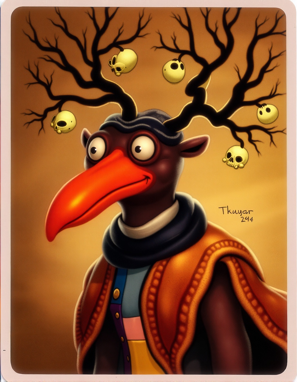 Dixit Card Style,  A whimsical creature with a long orange beak and wide staring eyes peers curiously,  adorned with spraw...