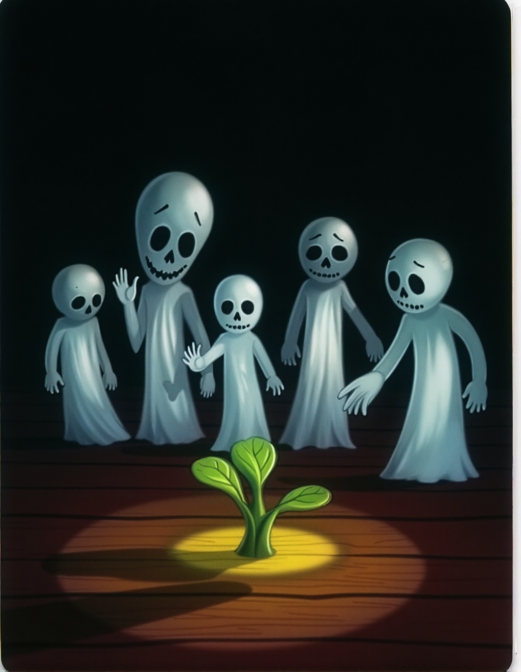 Dixit Card Style,  A dimly lit scene features a small budding plant on a wooden floor,  emitting a soft glow on Tensor.Art