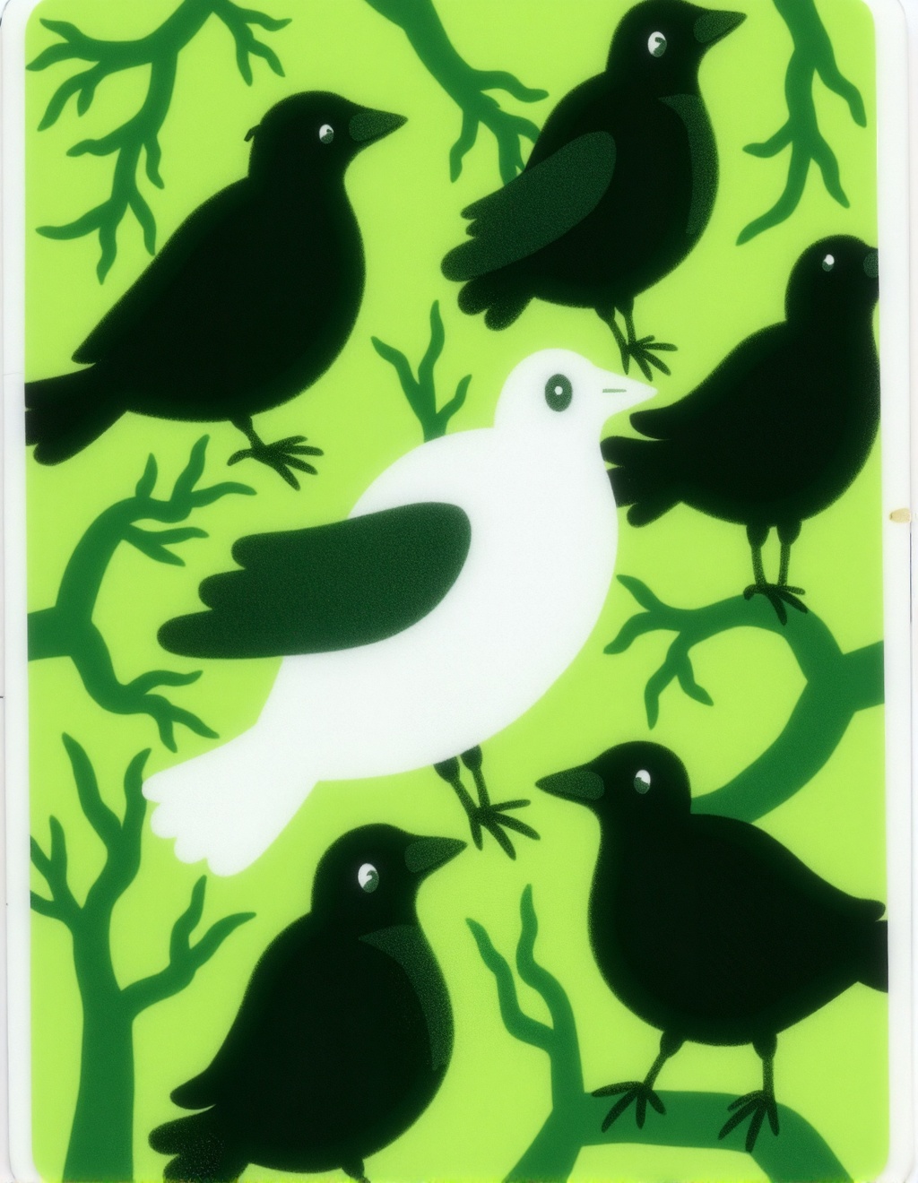 Dixit Card Style,  A group of six dark birds with glossy feathers and expressive eyes gather on an abstract light green ba...