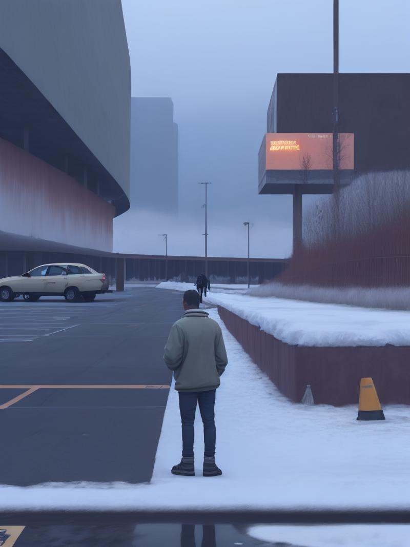 a man standing on a sidewalk next to a parking lot by Simon Stålenhag on Tensor.Art