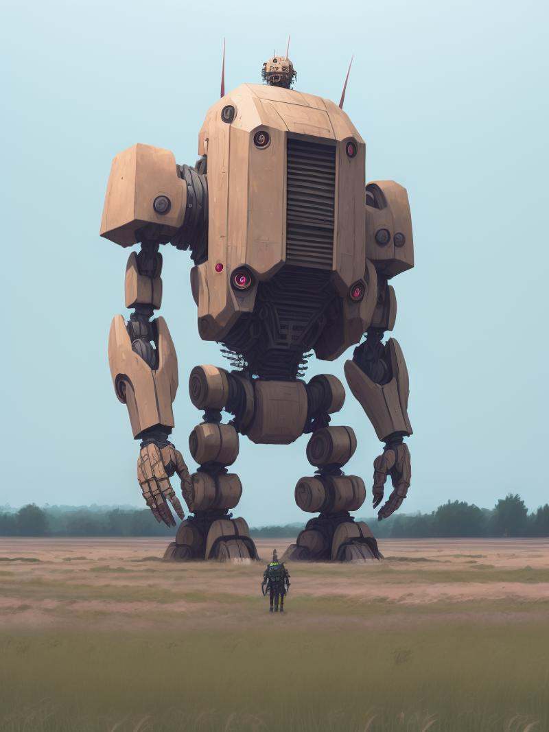 a giant robot standing in the middle of a field by Simon Stålenhag on Tensor.Art