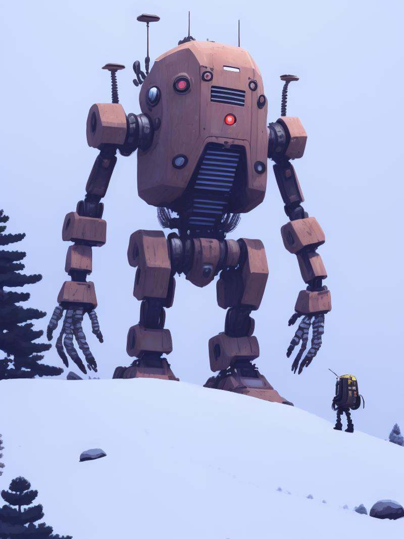 a giant robot standing on top of a snow covered hill by Simon Stalenhag on Tensor.Art