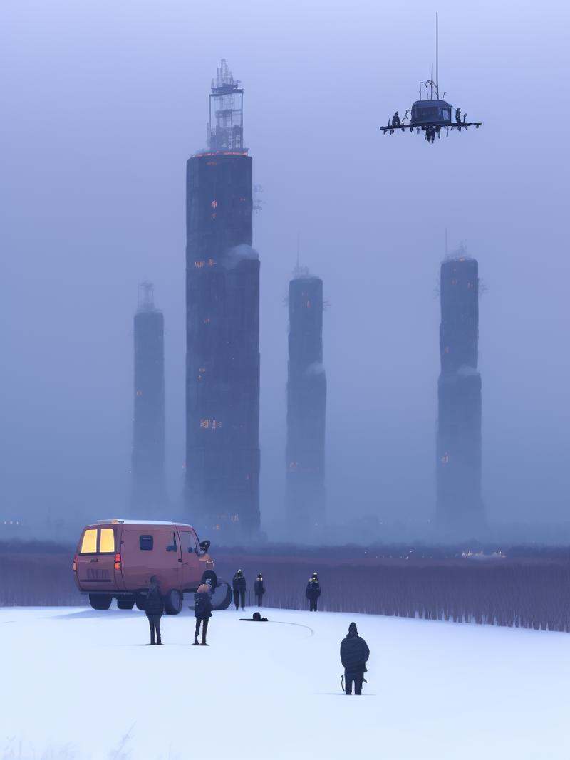 a couple of people standing on top of a snow covered field by Simon Stalenhag on Tensor.Art
