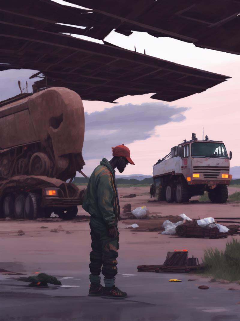 a painting of a man standing next to a truck by Simon Stålenhag on Tensor.Art