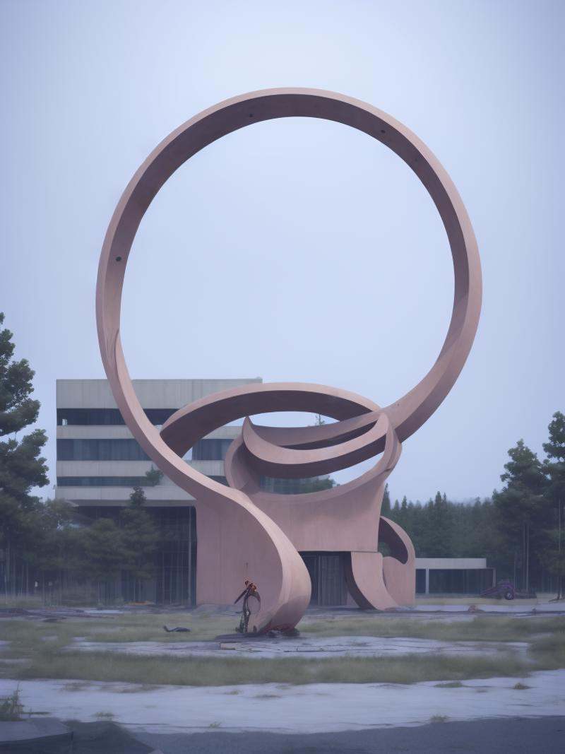 a building with a large circular sculpture on top of it by Simon Stalenhag on Tensor.Art