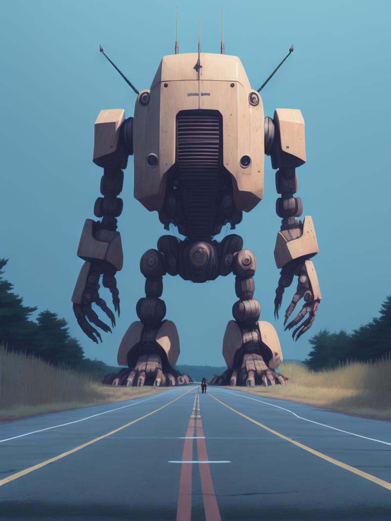 a giant robot standing in the middle of a road by Simon Stålenhag on Tensor.Art
