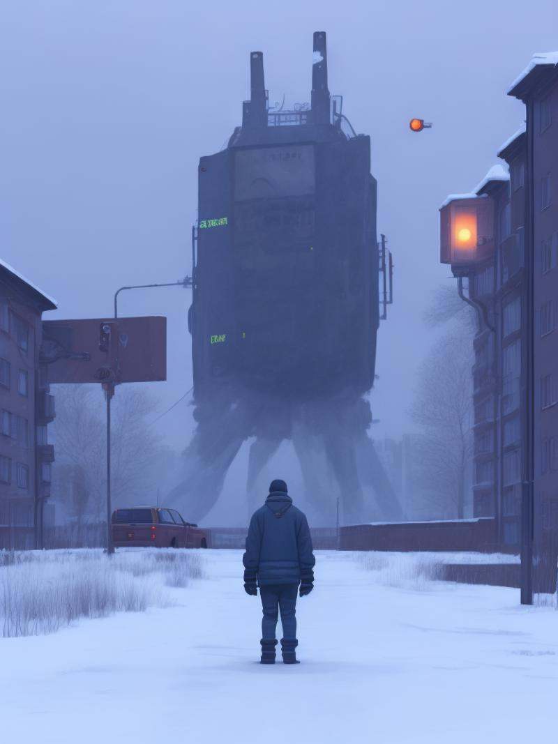 a man standing in the middle of a snowy street by Simon Stålenhag on Tensor.Art