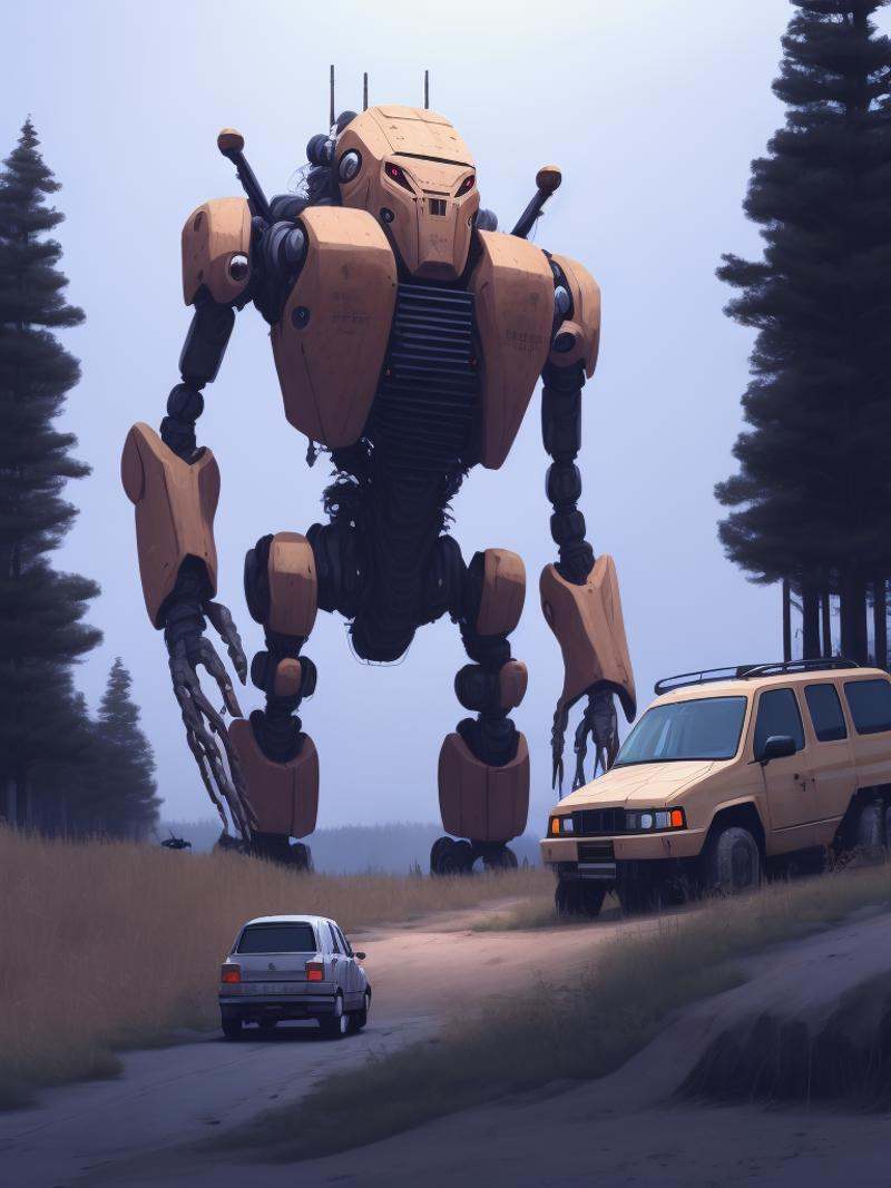 a car driving down a dirt road next to a giant robot by Simon Stålenhag on Tensor.Art