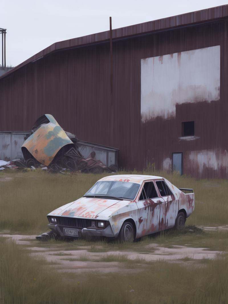 a painting of a car parked in front of a building by Simon Stalenhag on Tensor.Art