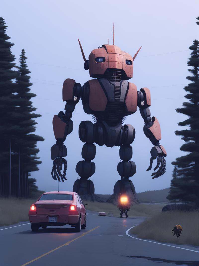 a car driving down a road in front of a giant robot by Simon Stalenhag on Tensor.Art
