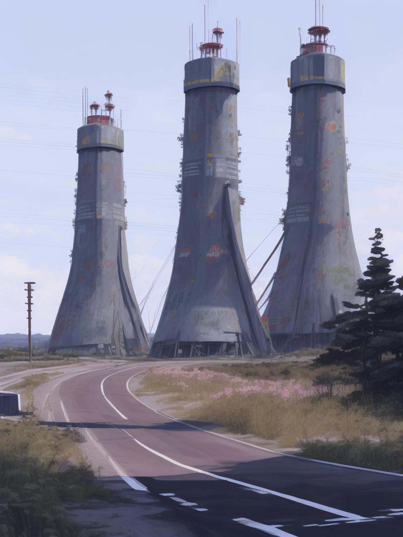 a painting of a road with a bunch of tall towers in the background by Simon Stalenhag on Tensor.Art