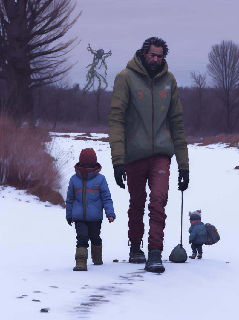 a painting of a man and a child walking in the snow by Simon Stålenhag on Tensor.Art