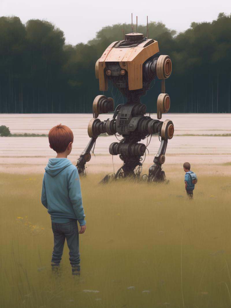 two young boys standing in a field looking at a robot by Simon Stalenhag on Tensor.Art