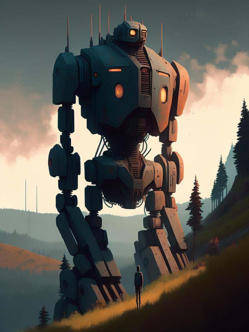 The Iron Giant overlooking a hillside,  perspective painting,  style of Simon Stålenhag on Tensor.Art