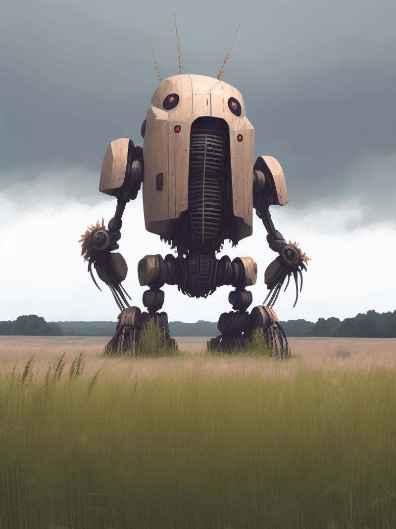a giant robot standing in a field of tall grass by Simon Stalenhag on Tensor.Art