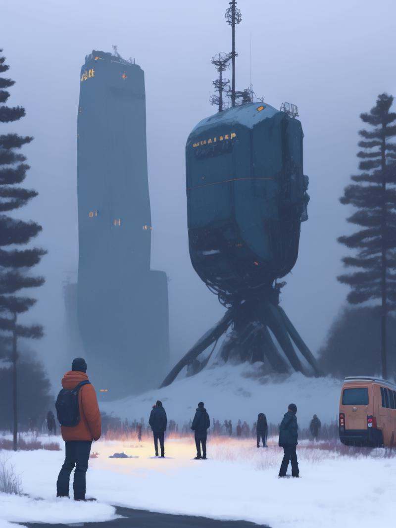 a couple of people that are standing in the snow by Simon Stalenhag on Tensor.Art