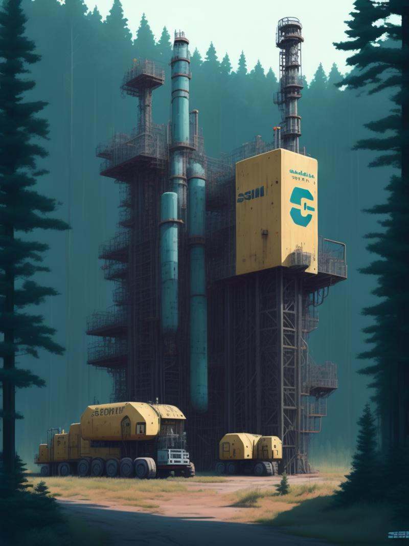 natural gas drilling equipment in a central Pennsylvania forest by Simon stalenhag on Tensor.Art