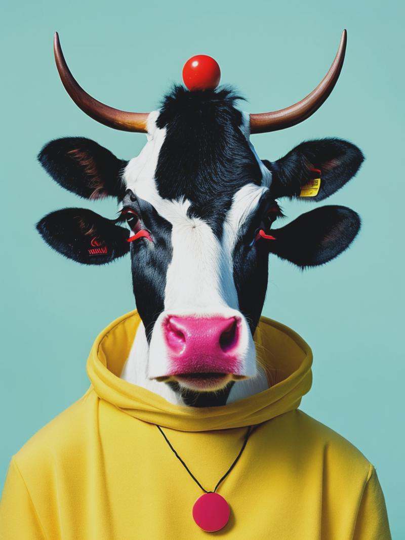 whimsical fashionable cow character,  imaginative avantgarde outfit,  plain colored background by tove jansson on Tensor.Art