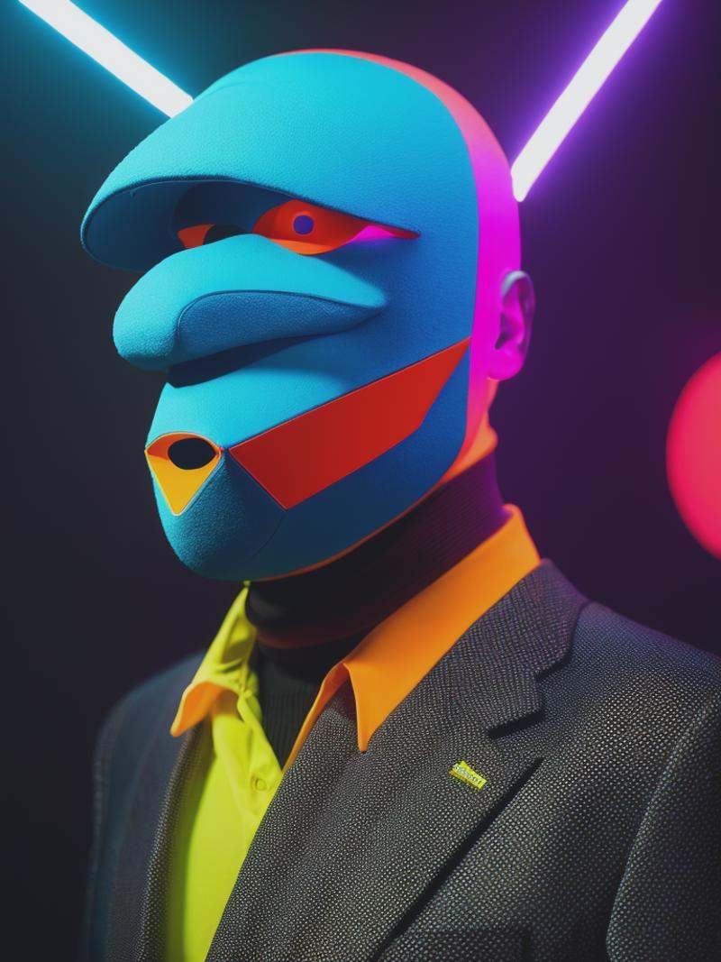 Imagine creature,  his face covered with big mask. The image should be in the style of Tim Walker,  with an experimental a...