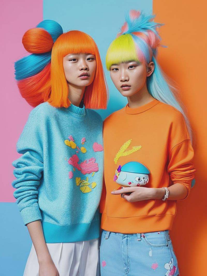 girls with toy characters and bright hair wearing colorful hair accessories,  in the style of joong keun lee,  multi-layer...