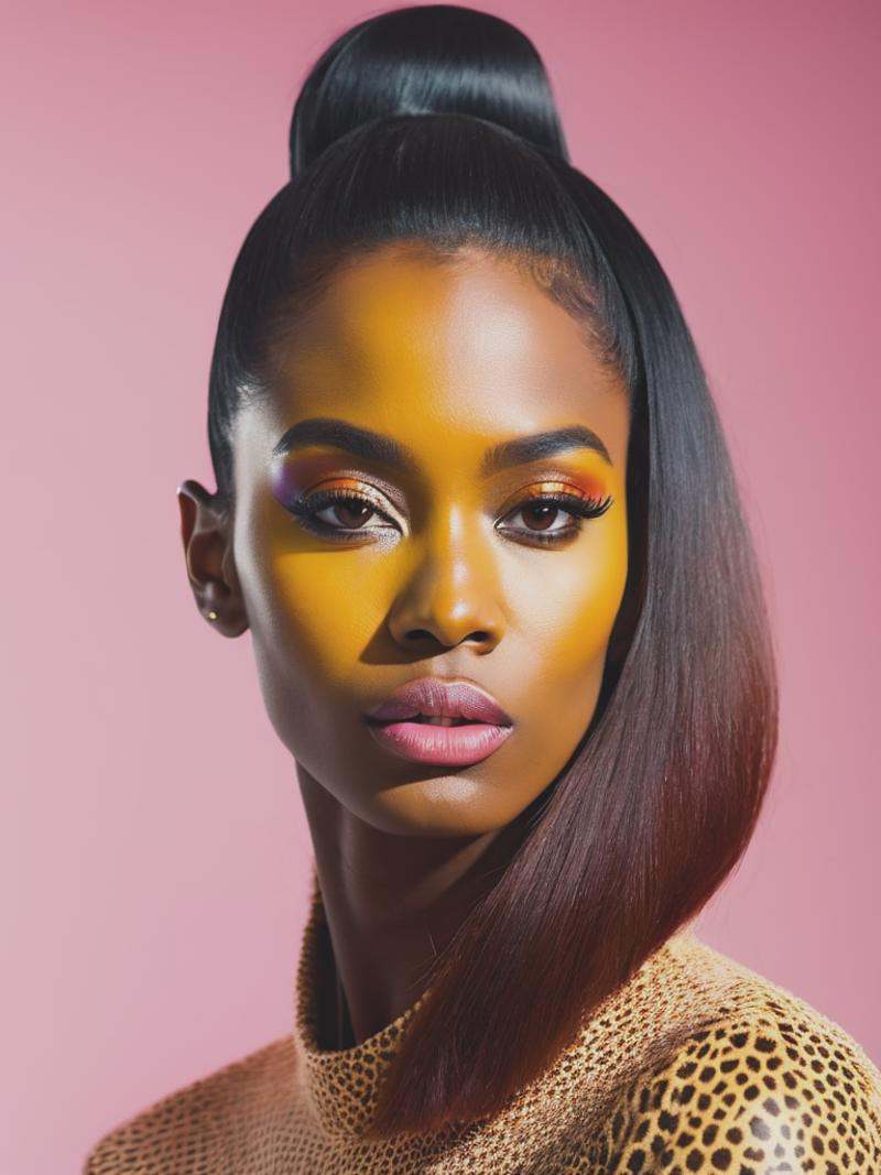 surrealistic brown skinned model looks like a giraffe,  giraffe hair,  pastel one color background on Tensor.Art