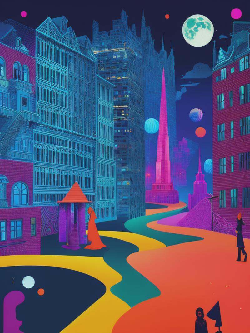 Eccentric drag queens exploring a surreal NYC urban dreamscape,  depicted as a captivating,  otherworldly digital illustra...