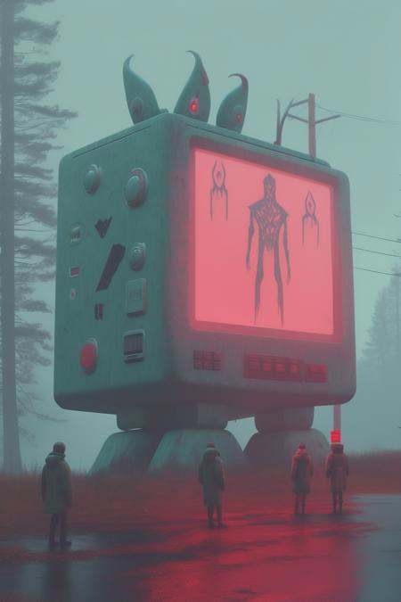 Simon Stalenhag - foggy,  twin peaks,  satanic figures on Tensor.Art
