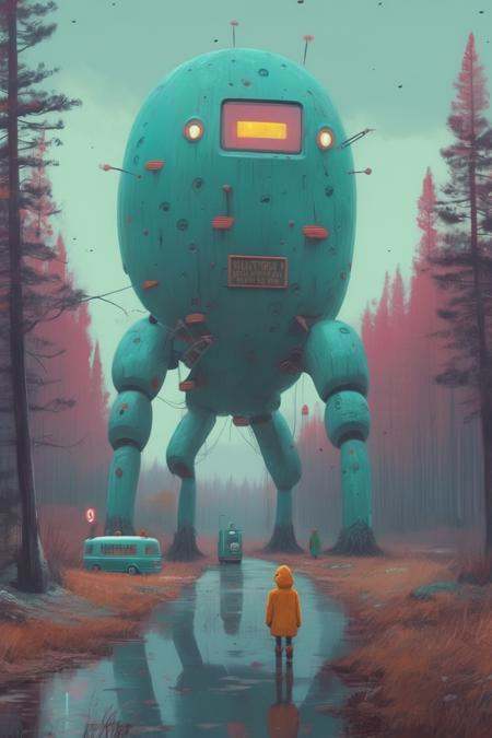 Simon Stalenhag - Create a fantastical and imaginative scene in the style of Simon Stålenhag Use a colorful and vibrant pa...