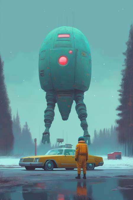 Simon Stalenhag - a person standing next to a car,  space,  in the style of simon stalenhag on Tensor.Art