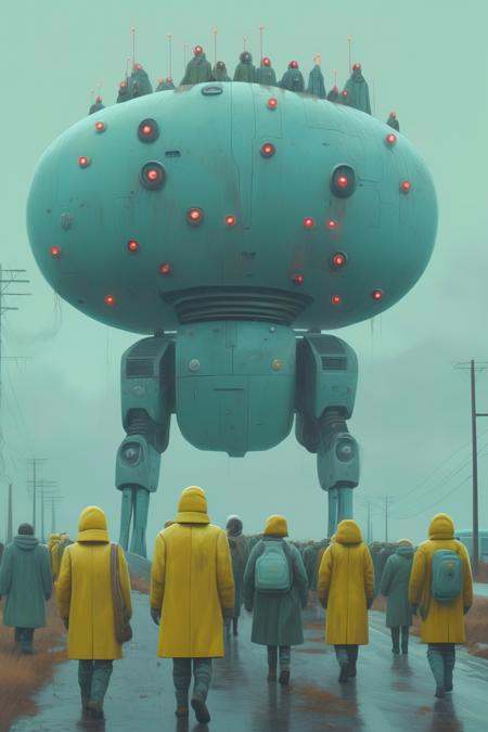 Simon Stalenhag - cinematic view photorealistic,  close up of group of futuristic decadent pilgrims,  hyper realistic. of...