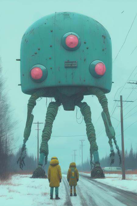 Simon Stalenhag - drawings in the style of Simon Stalenhag,  photographed by Canon EOS,  cinematic lighting on Tensor.Art