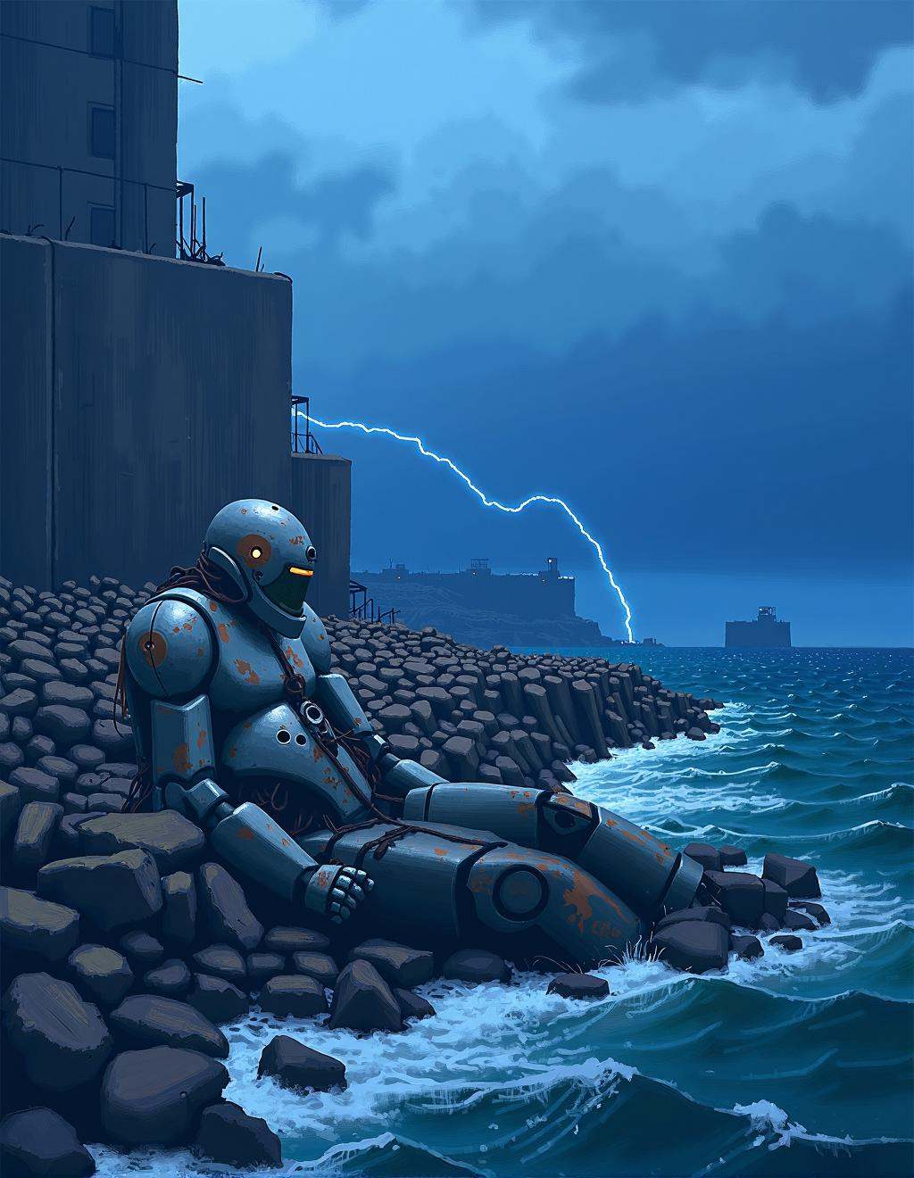 Simon Stalenhag Style,  A stormy coastline where waves crash against jagged rocks. On the cliffside,  an abandoned militar...