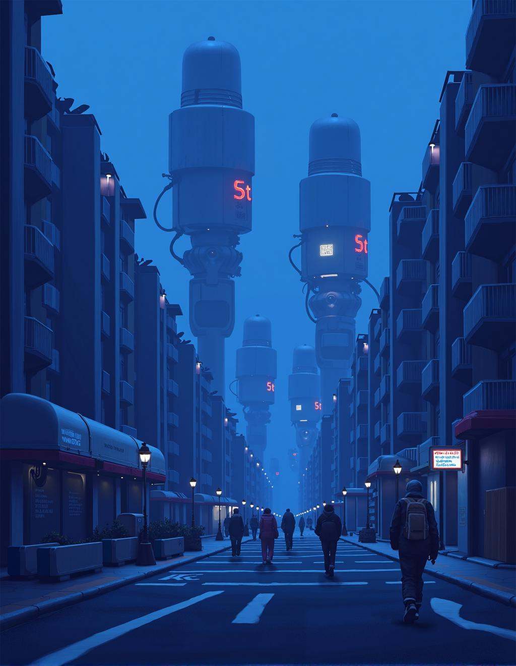 Simon Stalenhag Style,  A city submerged in perpetual twilight,  where enormous floodlights illuminate the fog-covered str...