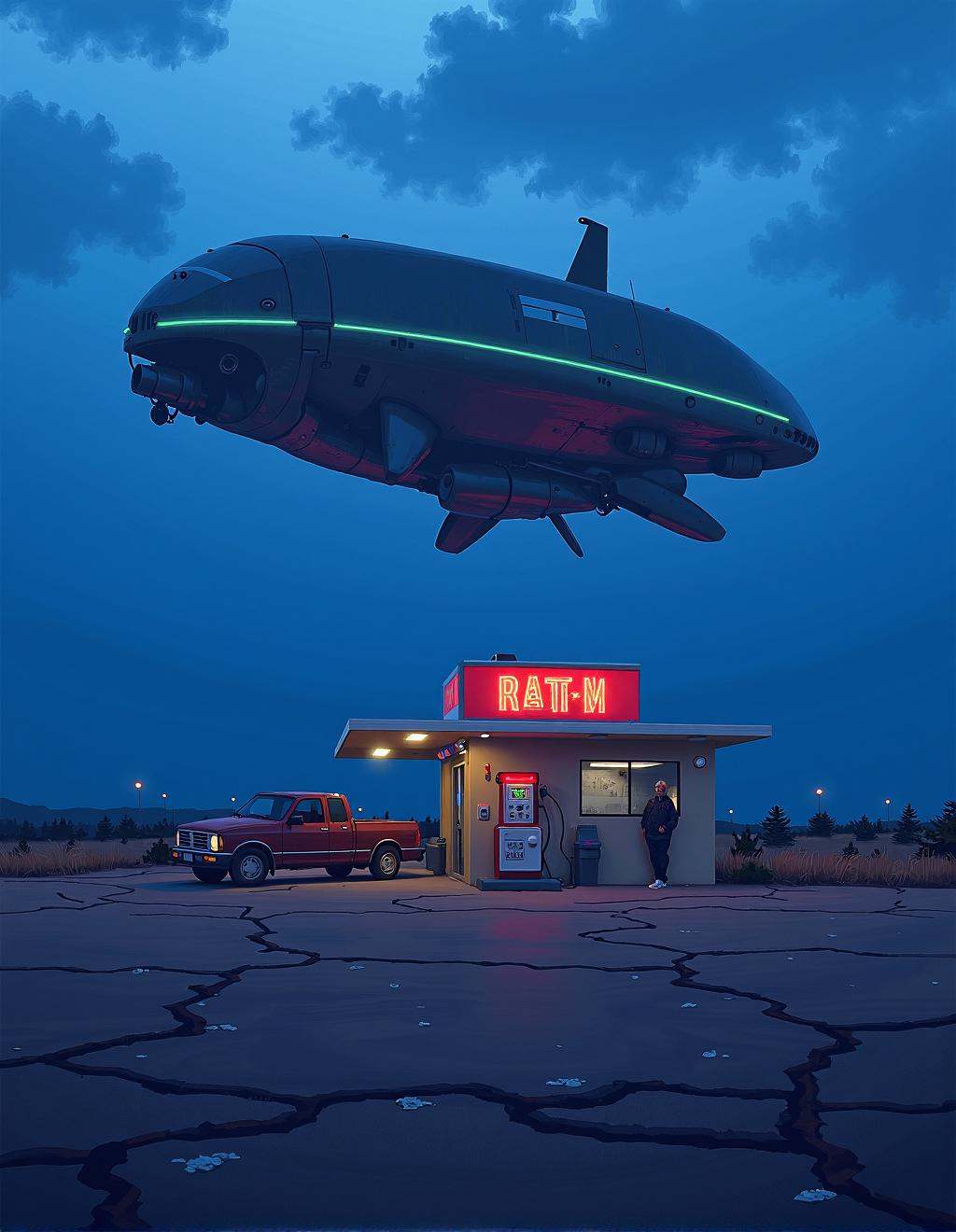 Simon Stalenhag Style,  A lonely gas station in the middle of nowhere,  its neon sign flickering dimly in the twilight. Th...