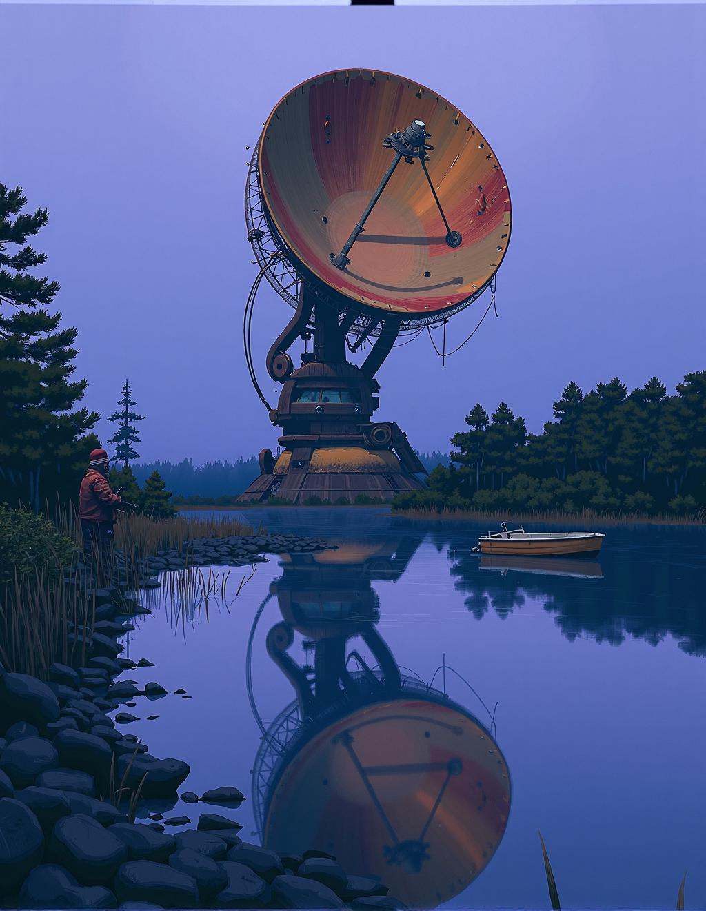 Simon Stalenhag Style,  A serene lakeside scene at dusk,  where a fishing boat floats idly on still water. In the backgrou...