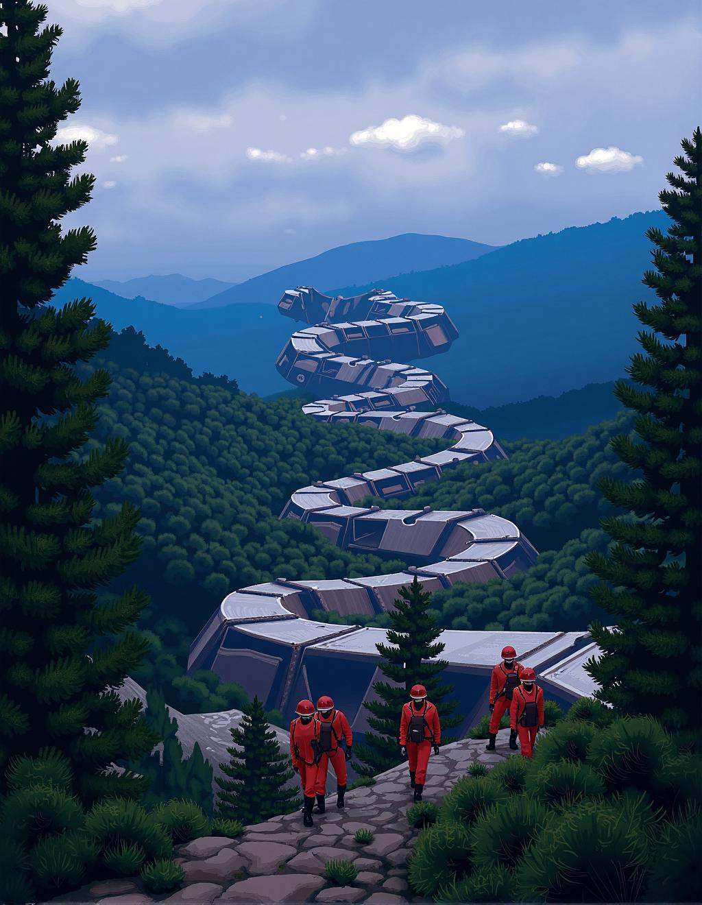 Simon Stalenhag Style,  A sprawling forest of towering pines,  with mist rolling in from the hills. Amidst the trees on Te...