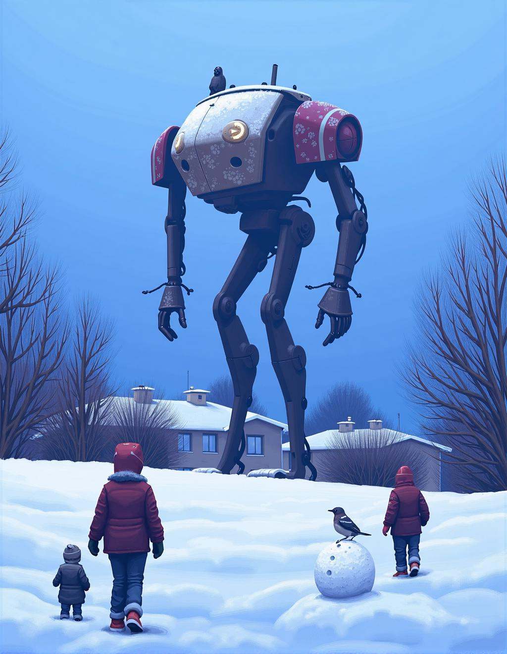 Simon Stalenhag Style,  A snow-covered suburban neighborhood,  where children in colorful winter coats build a snowman. Be...