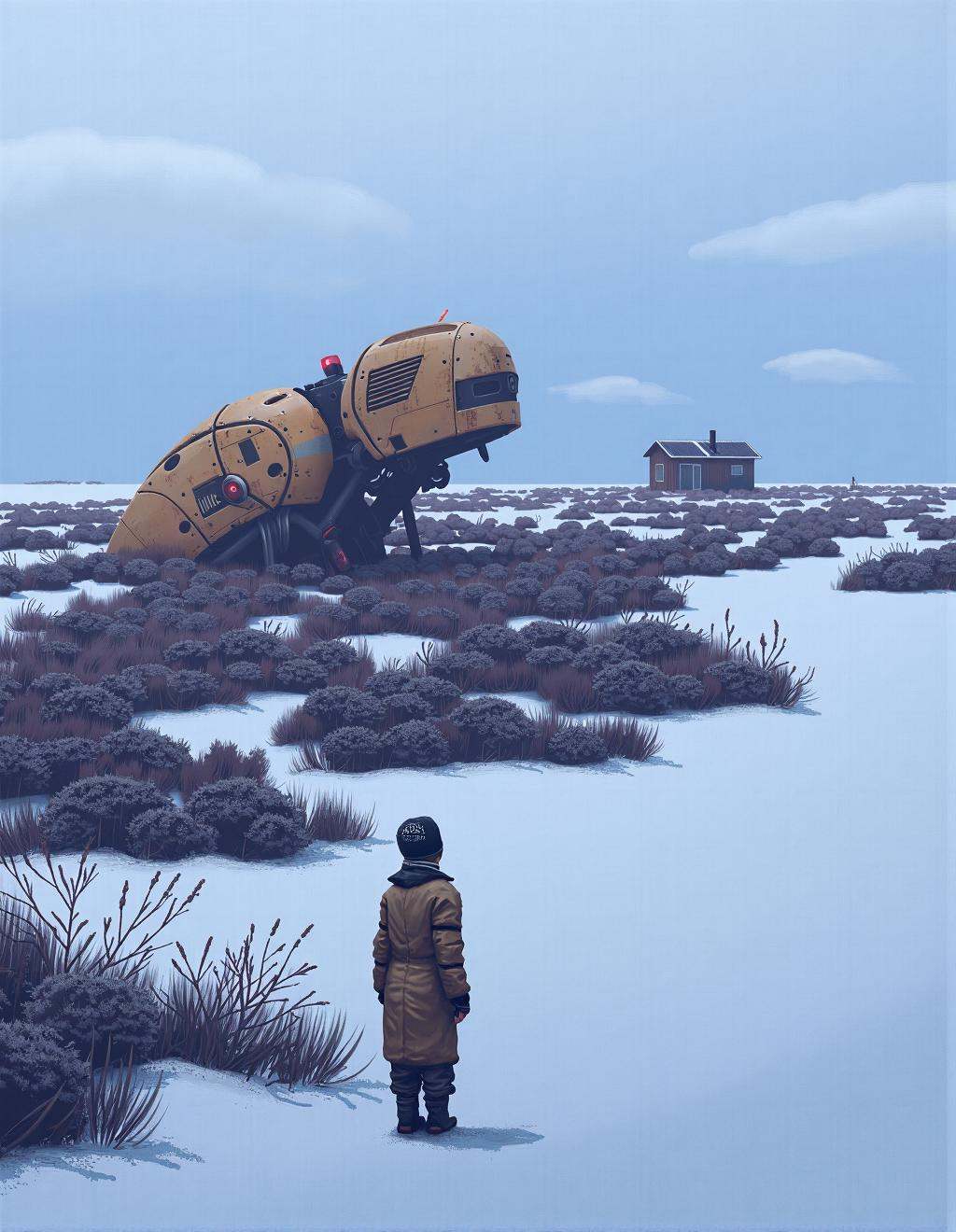 Simon Stalenhag Style,  A vast,  desolate Scandinavian landscape covered in a thin layer of frost on Tensor.Art