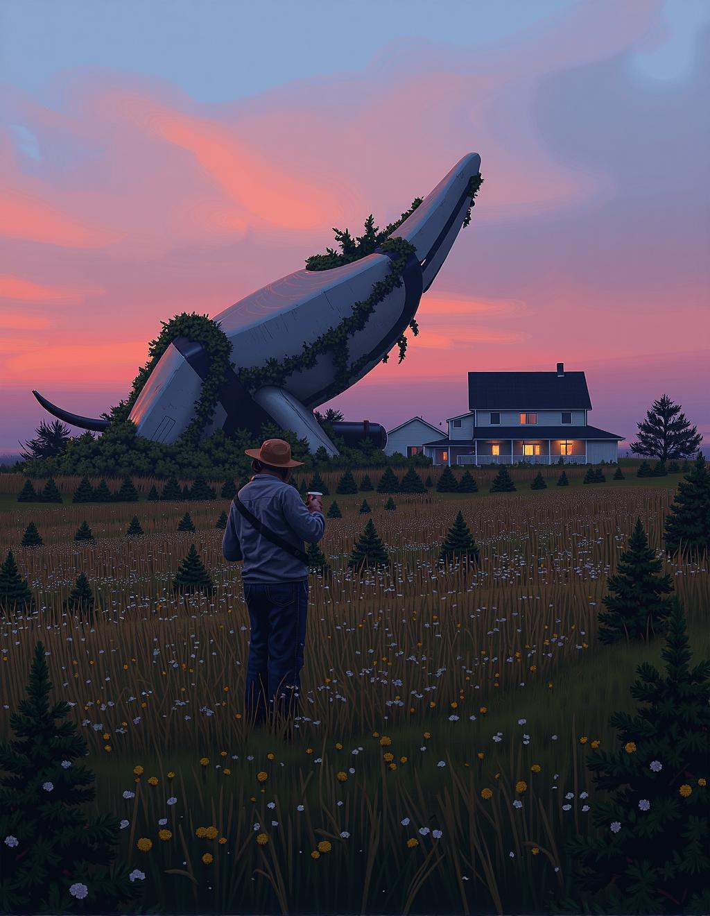 Simon Stalenhag Style,  A lone farmhouse at the edge of a cornfield,  its windows illuminated by a warm glow. Beyond the f...