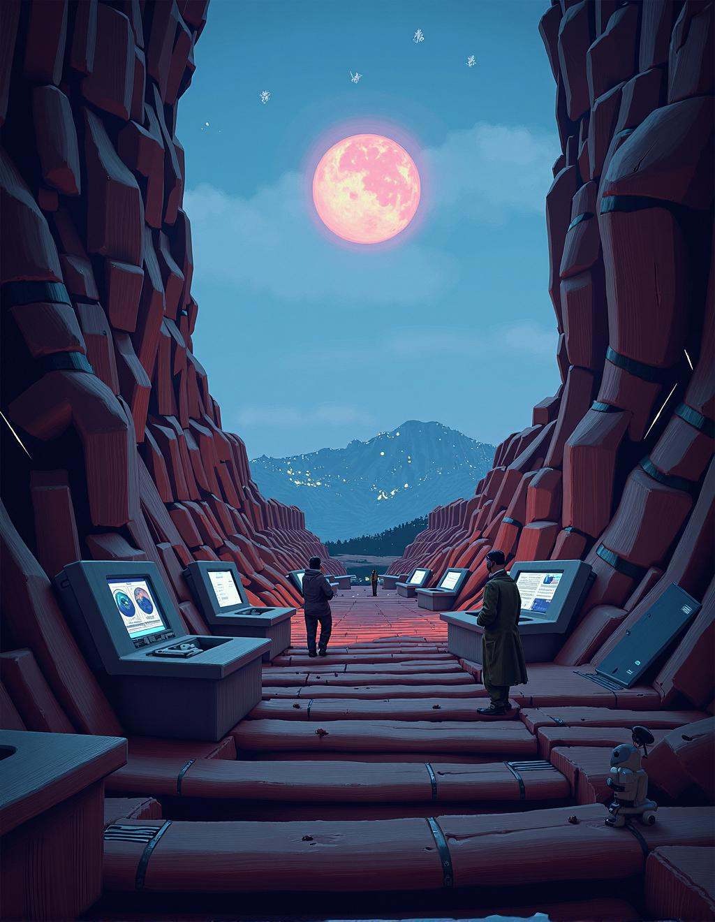 Simon Stalenhag Style,  A futuristic laboratory hidden within the mountains,  its entrance disguised as a simple wooden sh...