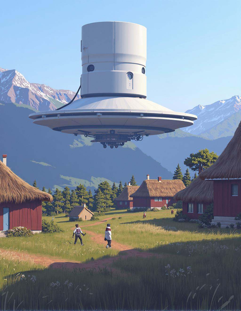 Simon Stalenhag Style,  A tranquil village at the foot of a mountain range,  where old-fashioned cottages with thatched ro...