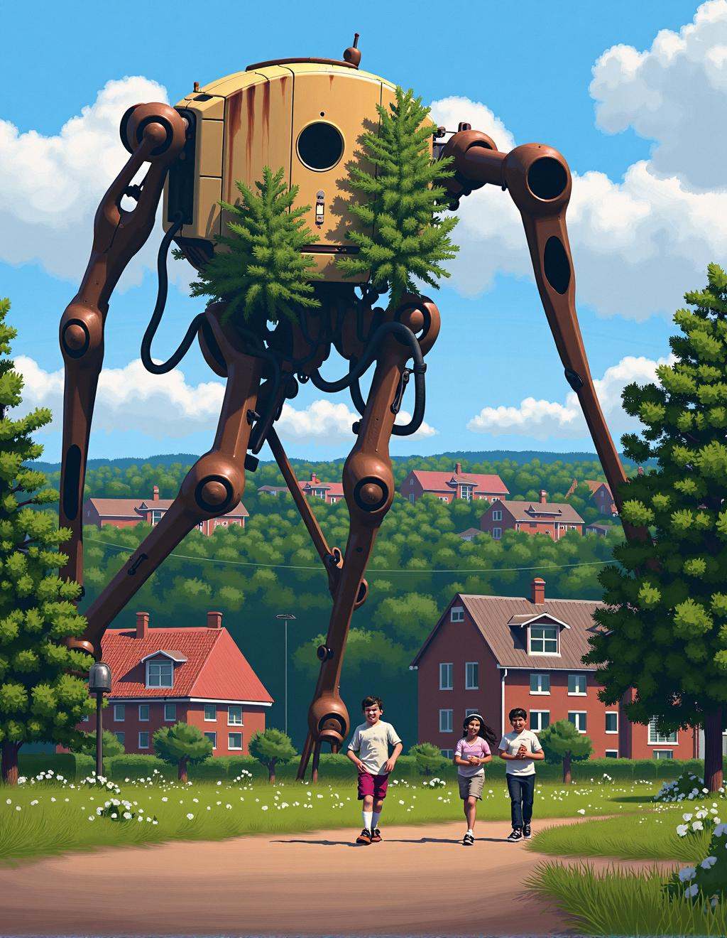 Simon Stalenhag Style,  A schoolyard in a sleepy town,  where children in retro-style clothing run and laugh. In the dista...