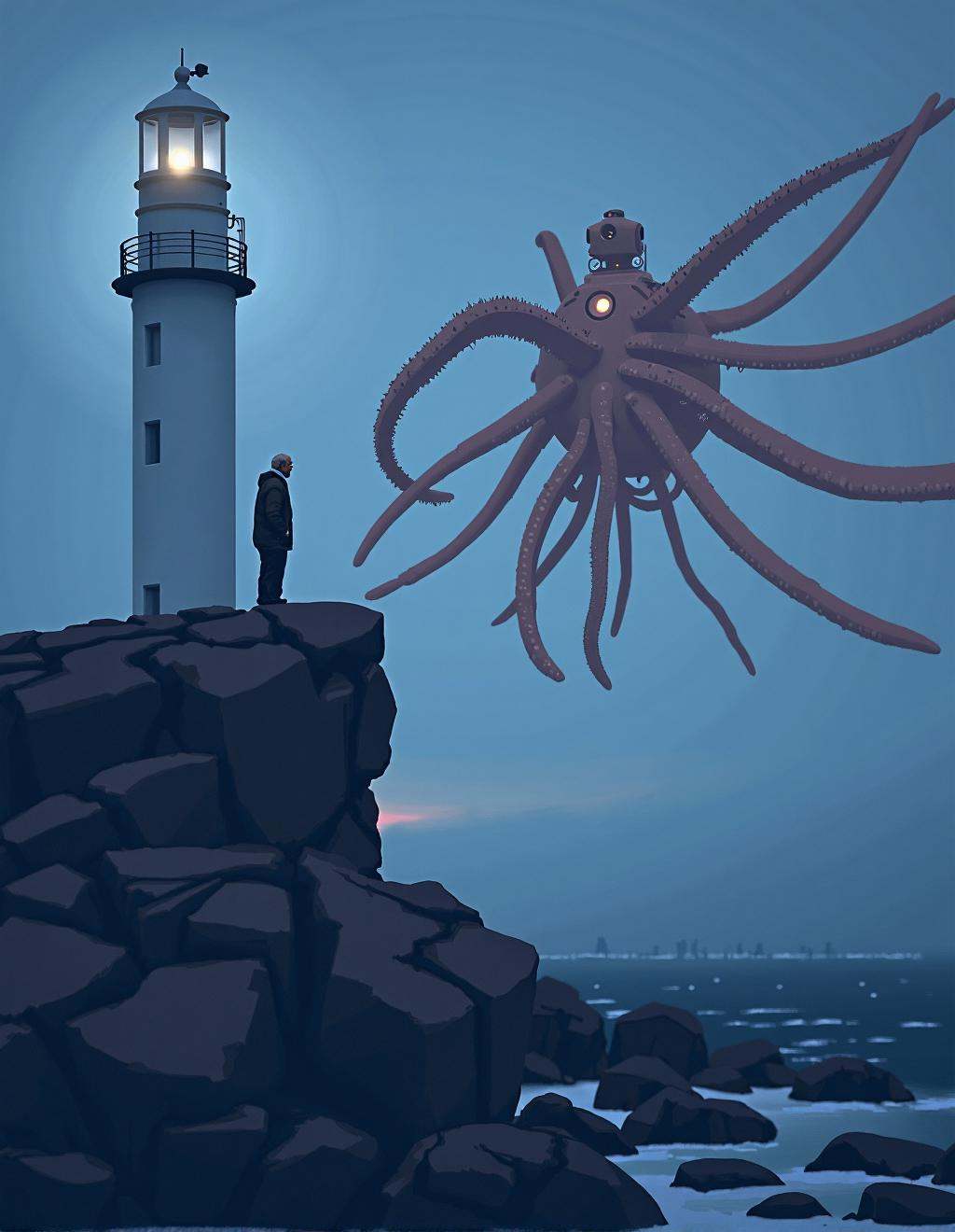 Simon Stalenhag Style,  A lighthouse perched on the edge of a rocky shore,  its beacon cutting through the dense fog. A ma...