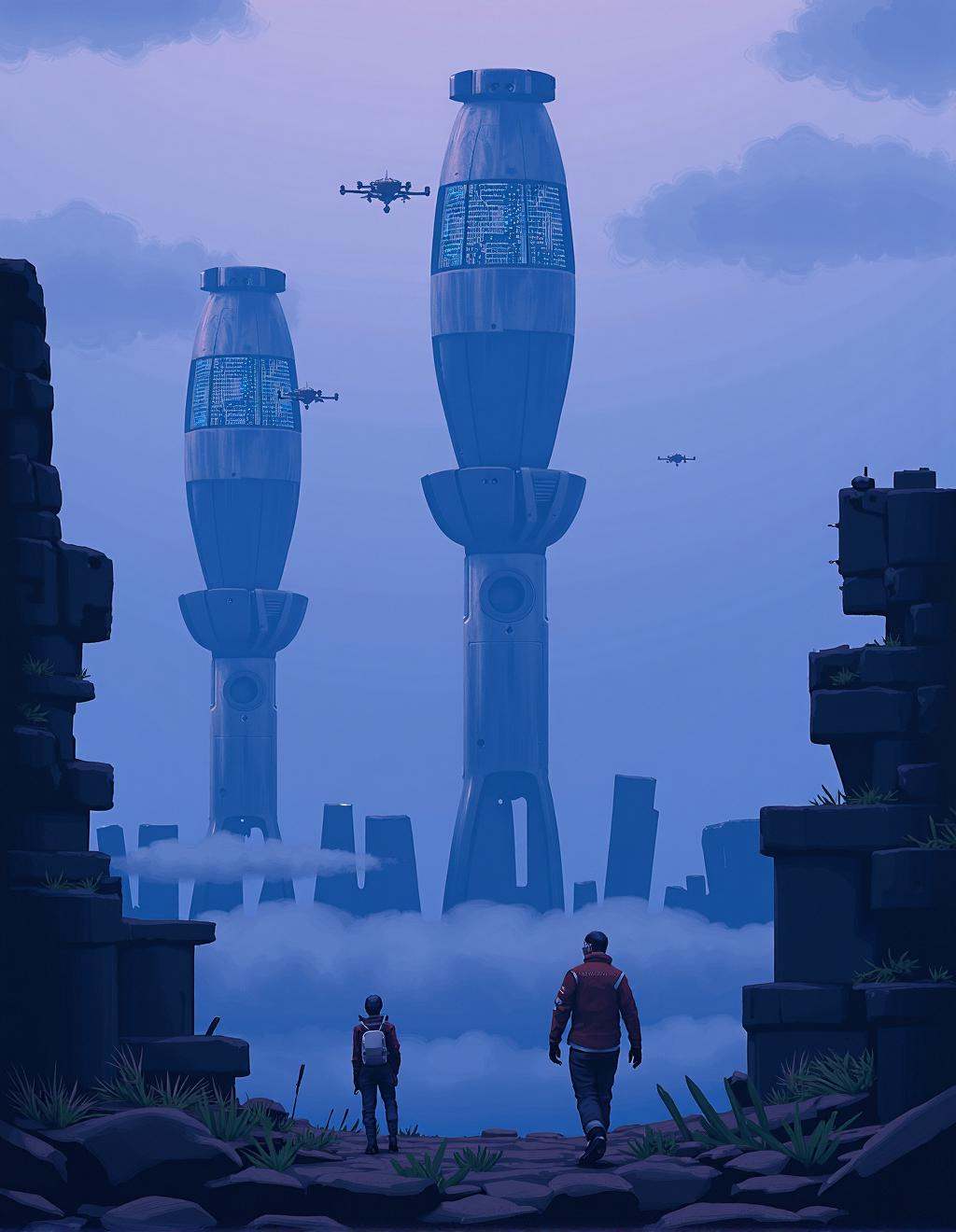 Simon Stalenhag Style,  A deep,  mist-covered valley where ancient ruins and high-tech machinery coexist. Gigantic metalli...